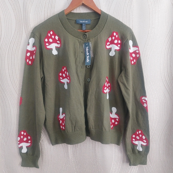 Modcloth Mushroom Cardigan Sweater Olive Green NWT XL Cotton Old Soul Classic - Picture 3 of 7